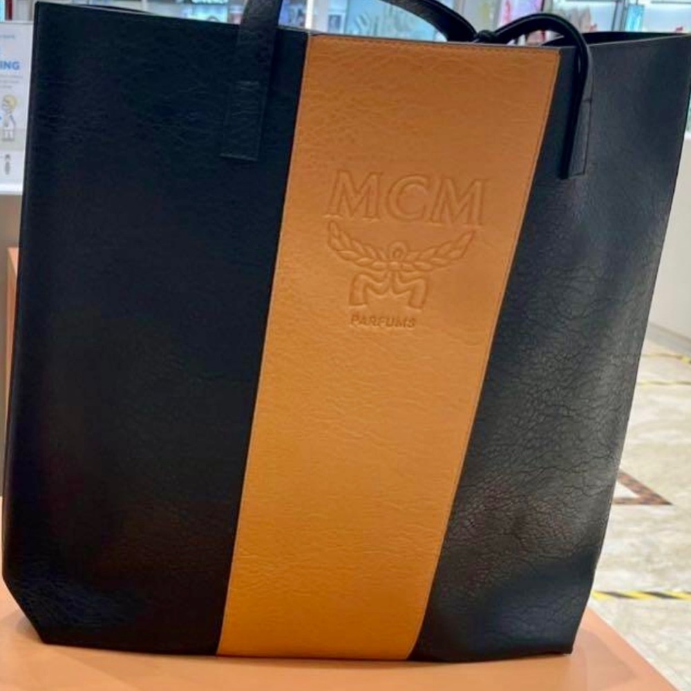 MCM Black and Tan Vertical Stripe Leather Tote